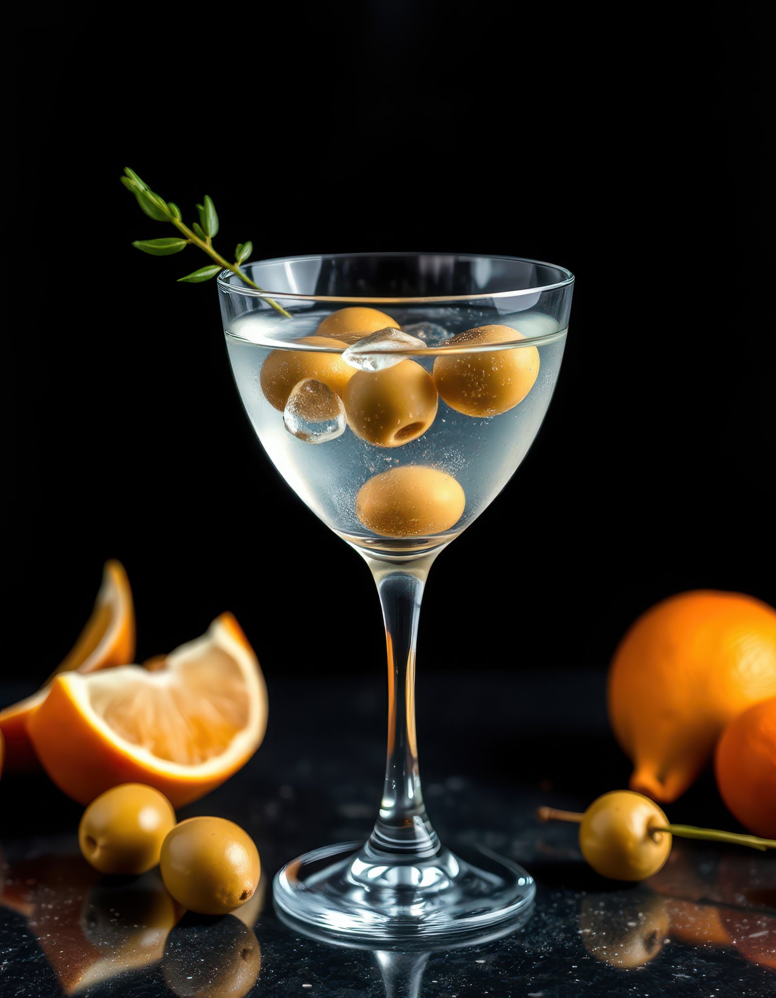 Refreshing cocktail served in an elegant glass garnished with olives and citrus on a dark surface